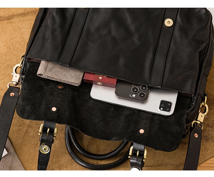 Business handgemachte echtes Leder Männer große Kapazität schwarze Aktentasche Modedesigner Rindsleder Laptop Handtasche Umhängetasche – Detail 13