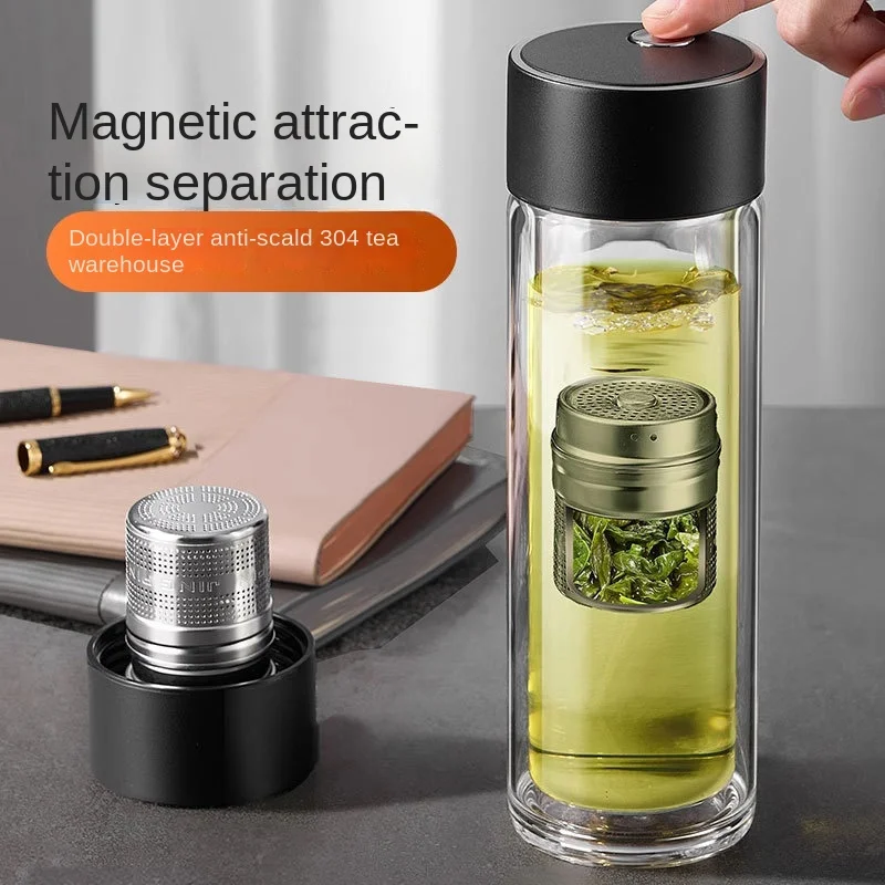 Double Wall Glass Water Bottle for Office Man with Tea Strainer Tea Magnet Separator Glass Cup Tumbler Gift for Man 400ml