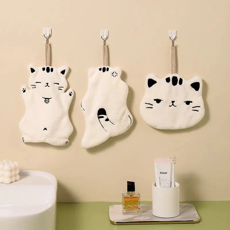 Hand Towels Absorbent Cute Cat Towel Bathroom Kitchen Hanging Non-shedding Pink Velvet Small Towel Hand Wiping Hand