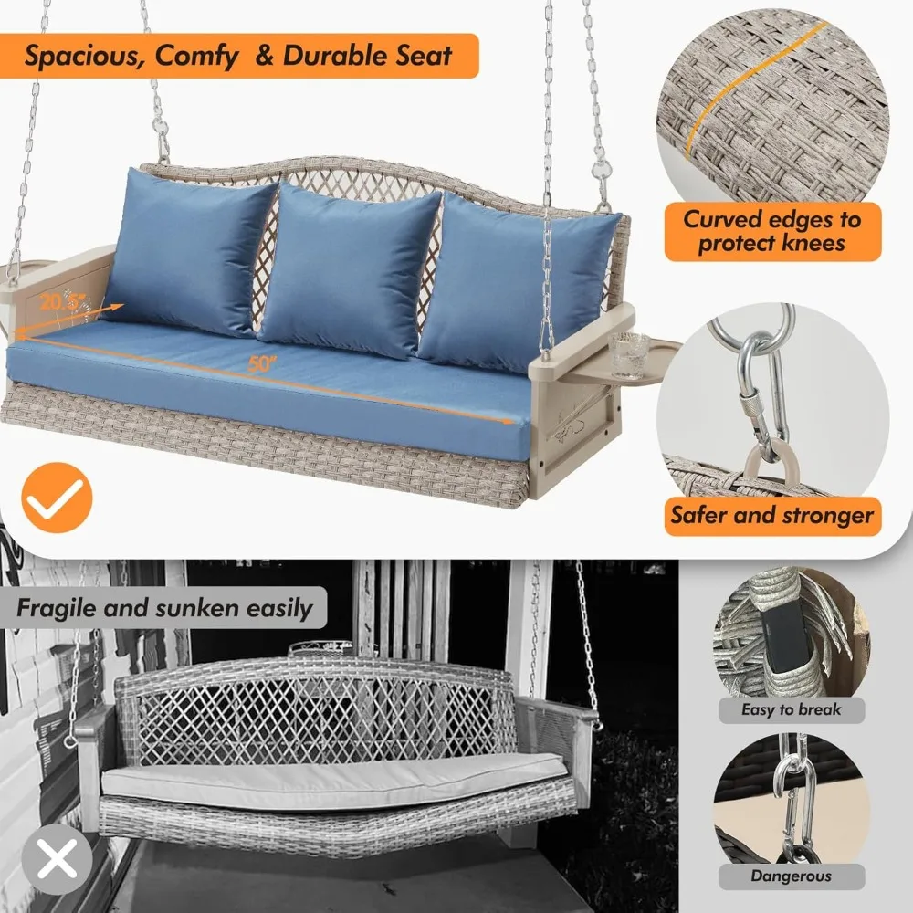 Upgraded Wicker Hanging Porch Swing Heavy Duty 900 LBS 3-Seat Outdoor Patio Swing Chair Bench for Adult w/ Hanging Chains 6