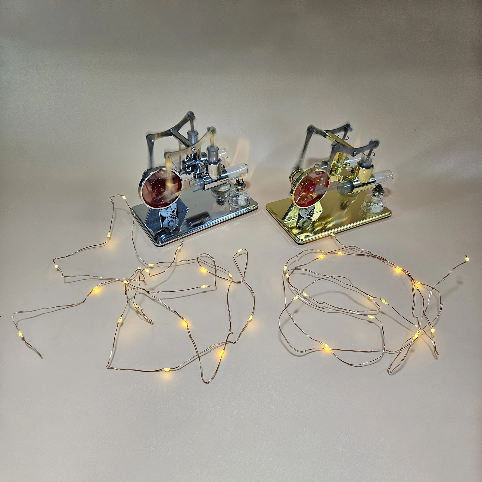 【New】Hot Air Stirling Engine Electricity Generator Motor Physical Dual Engine Model with LED Bulb Dollar Flywheel Design DIY Toy
