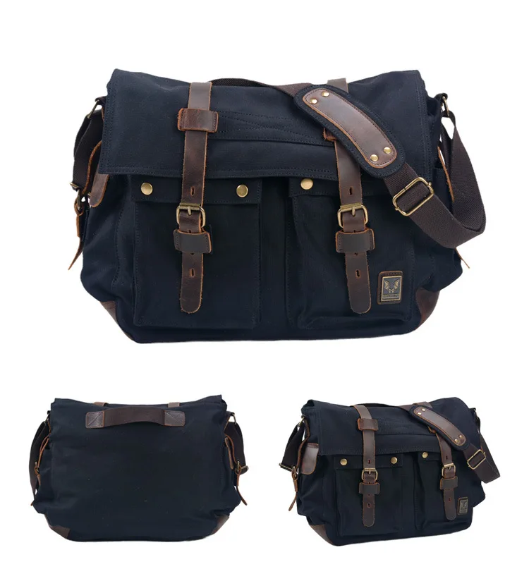 Mens Canvas Leather Messenger Bag - Large Satchel Shoulder Briefcase for Travel and Laptops