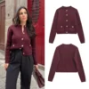 Taop&Za women's 2024 autumn and winter new knitted cardigan round neck solid color single breasted short sweater jacket 1