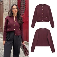 Taop&Za women's 2024 autumn and winter new knitted cardigan round neck solid color single breasted short sweater jacket 1