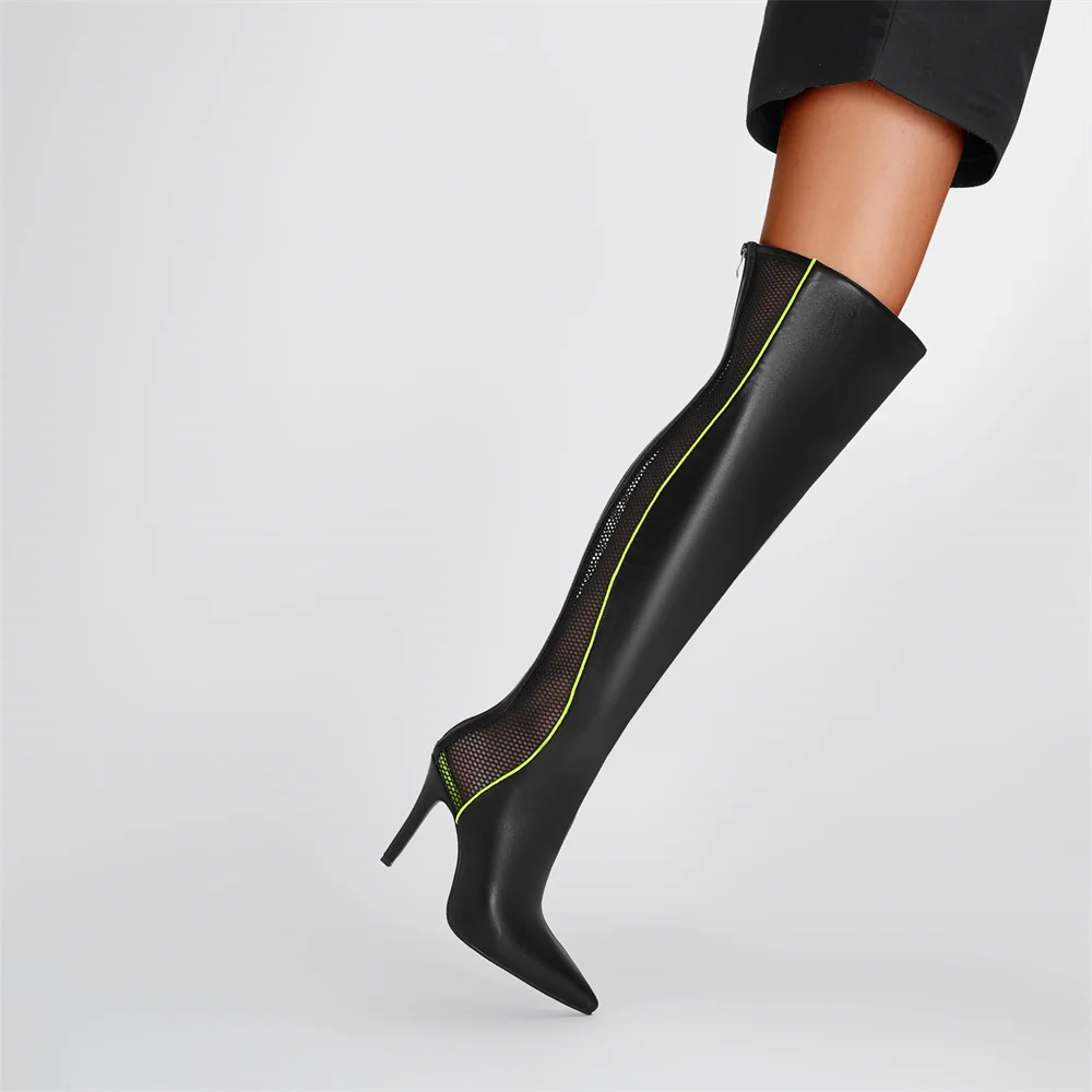 

2023 Autumn/Winter Fashion Women's High Stiletto Heel Pointed Toe Zipper Over The Knee Boots Sexy netting