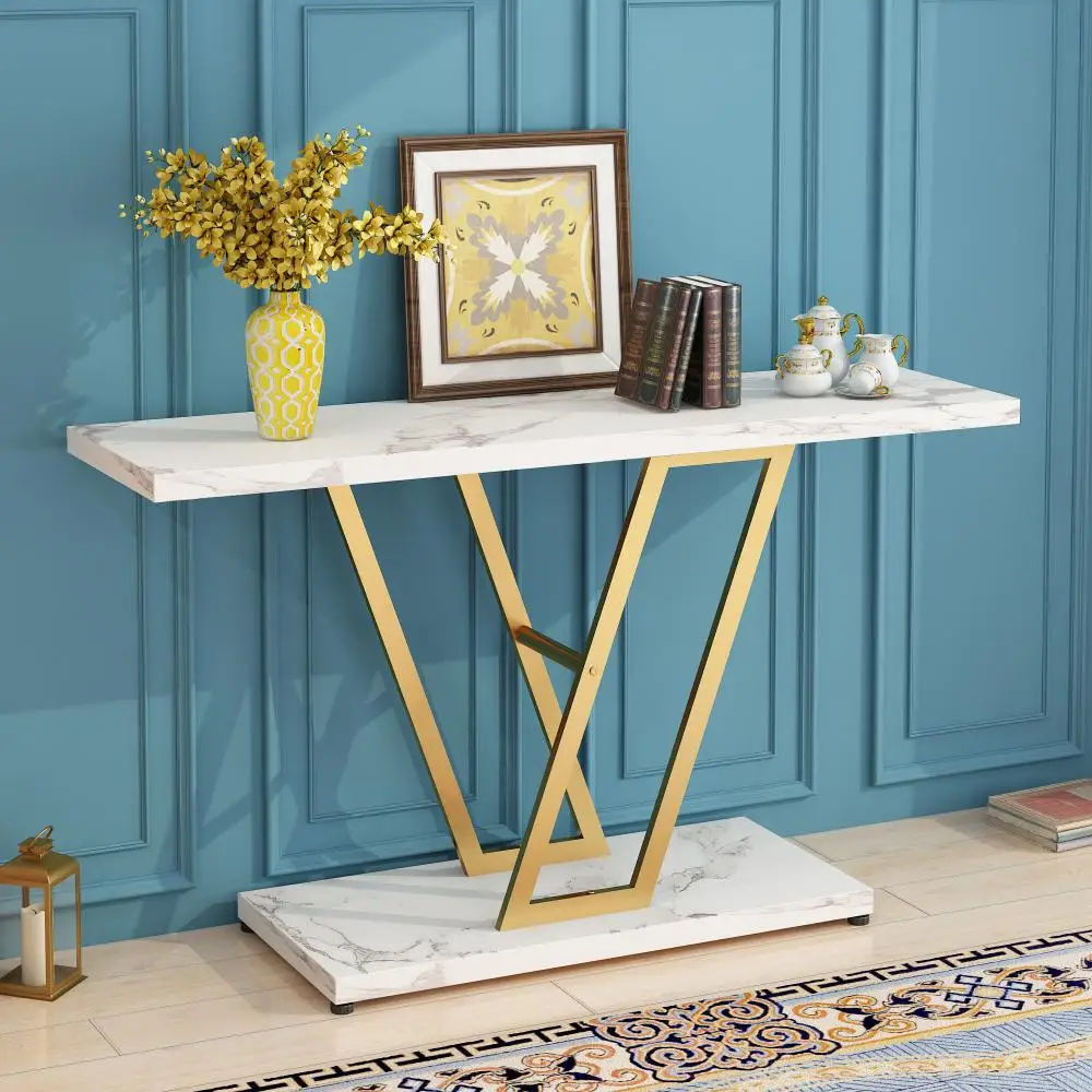 

Modern Entryway Console Table With V Metal Leg White Marble Top Narrow Sofa Accent Tables For Living Room Office 107x29x76cm