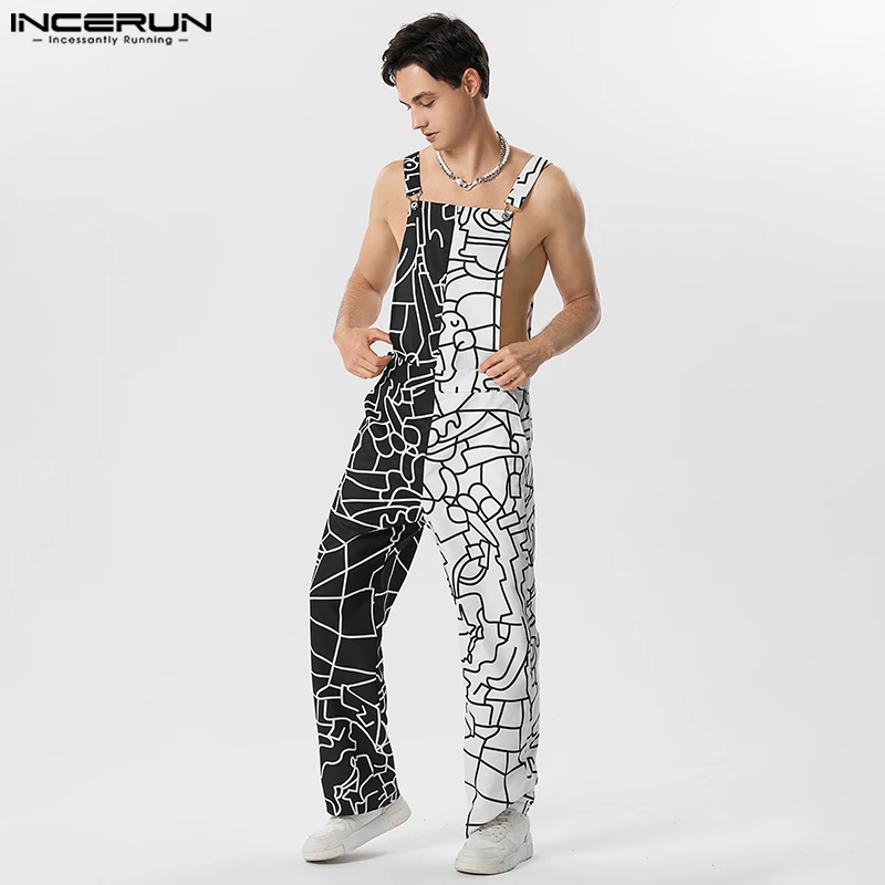Denim overalls Men Jumpsuits Print Patchwork Sleeveless Streetwear Summer Suspenders Rompers Fashion Male Straps Overalls S-5XL INCERUN