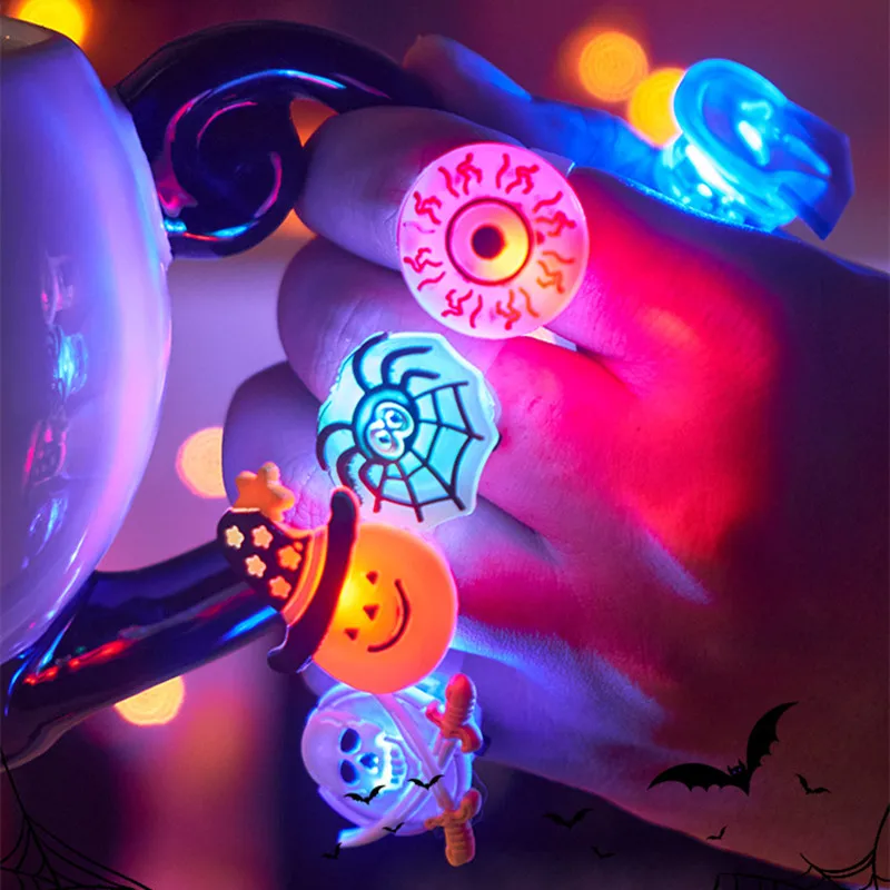 

10PC Halloween LED Glowing Ring Party Favors Skull Pumpkin Bat Glowing Ring Witch Horror Props Halloween Decorations Kids Gifts