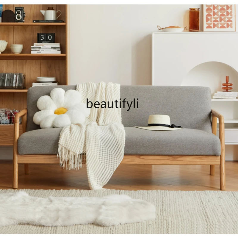

LBX Solid Wood Sofa Small Apartment Oak Living Room Leisure Furniture Three-Seat Straight Row Fabric Sofa