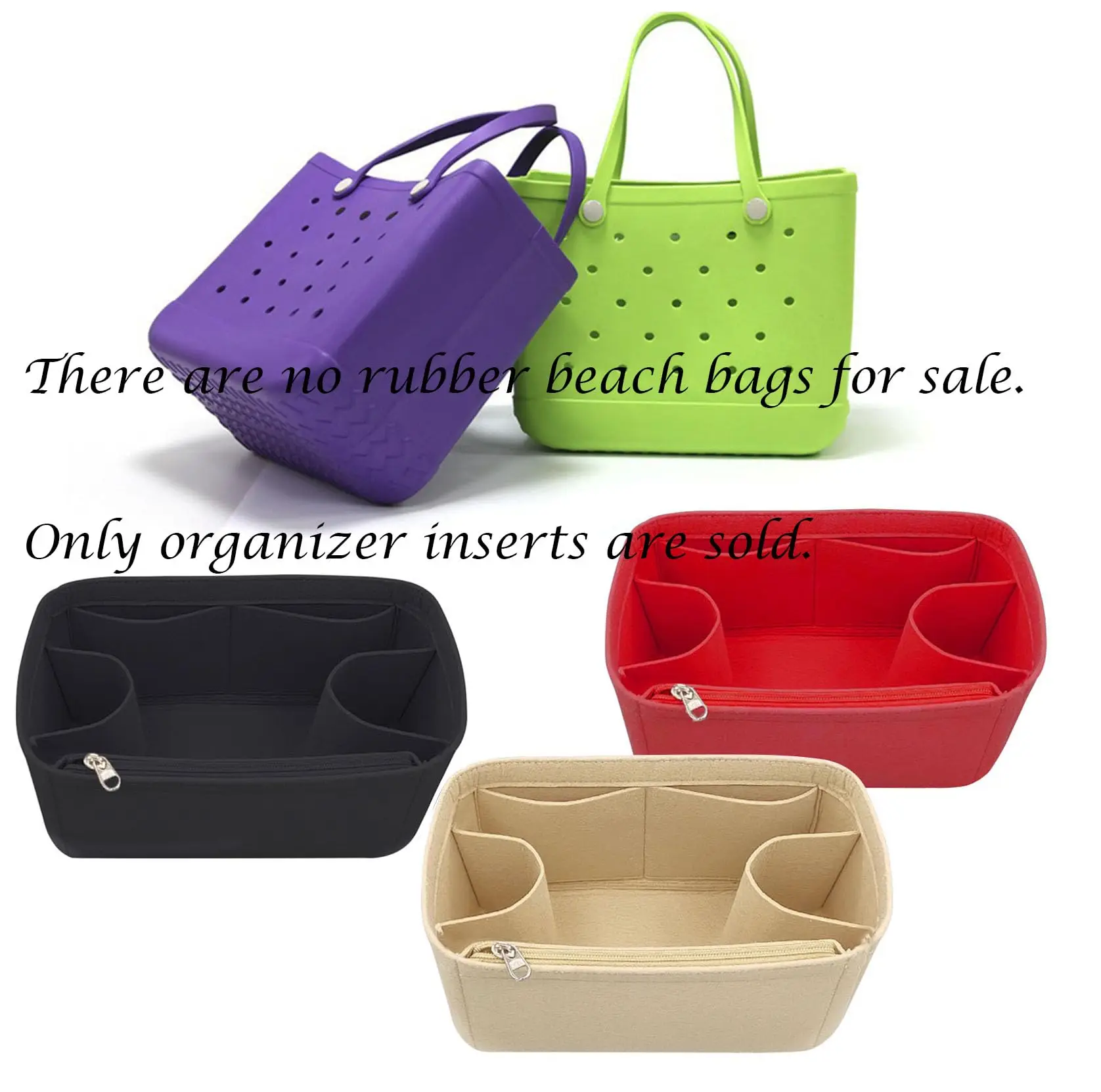 Rubber Beach Bag Organizer Liner Compatible with Bogg Bag/Simply Southern Tote, Felt Insert Divider Pouch Zipper for Bags Access