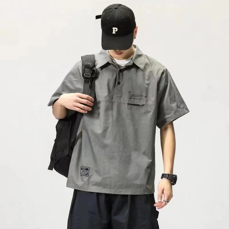 

Retro men's T-shirt solid color Polo neck casual T-shirt schoolhouse style Japanese style