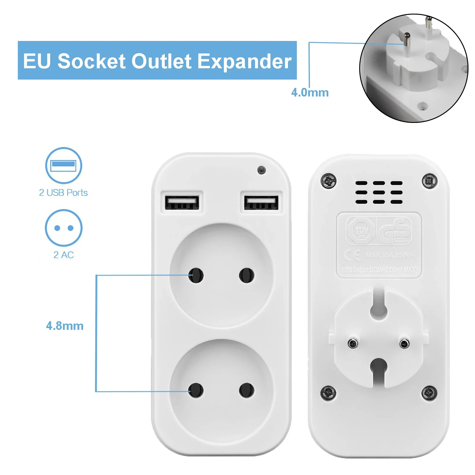 EU ปลั๊กอะแดปเตอร์ Wall Outlet USB 1 ถึง 2 Way มาตรฐานยุโรป Extender ซ็อกเก็ต 2 พอร์ต USB Power Strip AC แปลงอะแดปเตอร์ 1
