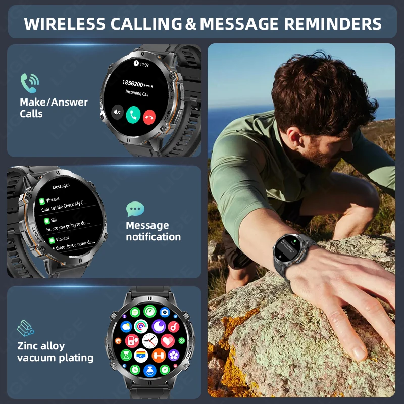 LIGE New 900mAh Super Capacity Battery Men Smartwatch 1.73" AMOLED Make Answer Call Compass Barometric Altimeter Sport Man Watch