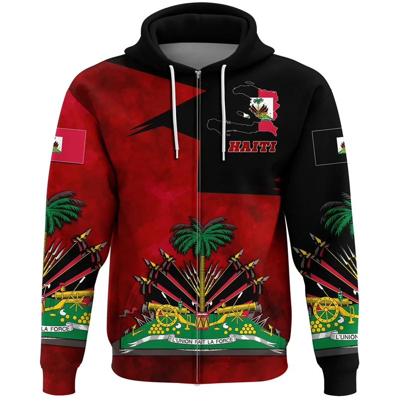 thumbnail image 1 of Nueva moda deportiva con estampado de bandera haitiana, sudaderas con capucha con cremallera, emblema nacional de la isla de Haití del mar Caribe, impresión 3D, jerseys de manga larga, 1 of 5