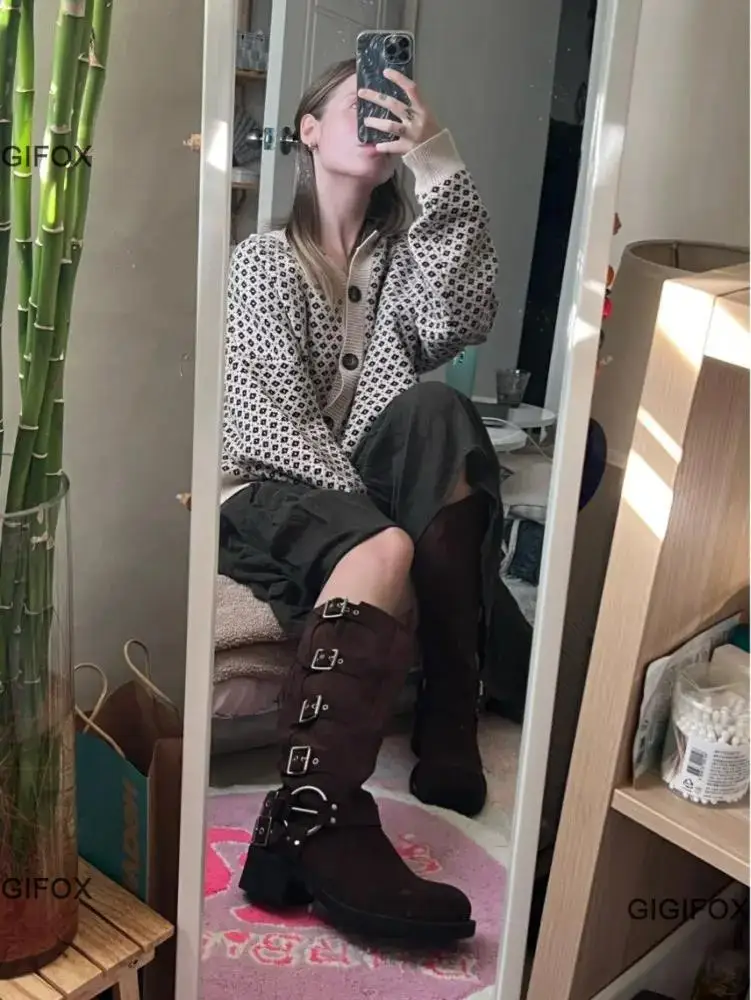 GIGIFOX Platform Biker Boots For Women Chunky Heel Buckle Vintage Fashion Motorcycle Knee High Mid Calf Boots Shoes Leather