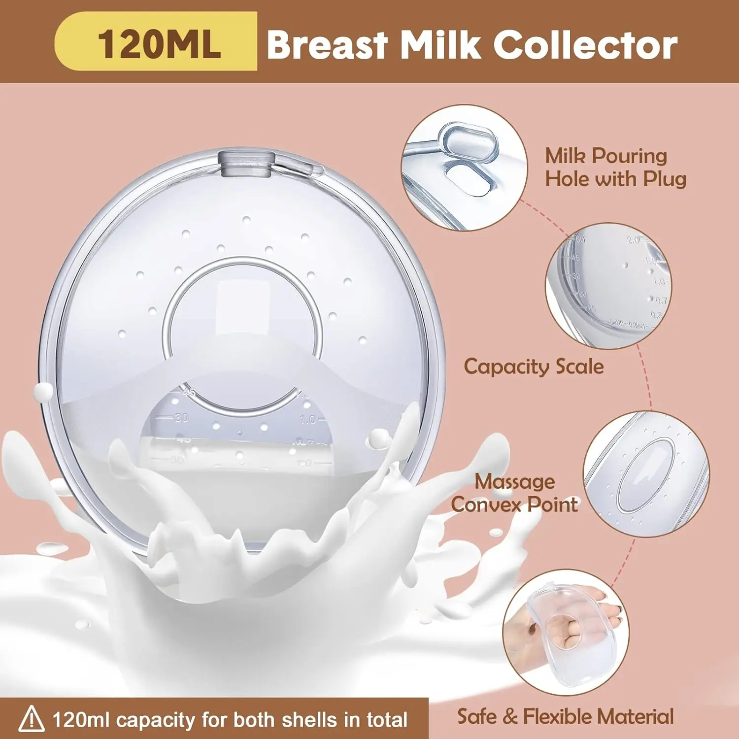 120ML Breast Shell Breastmilk Collector for Breastfeeding 2 Pcs Silicone Breast Pad Nursing Cup Milk Saver for Nursing Moms 3