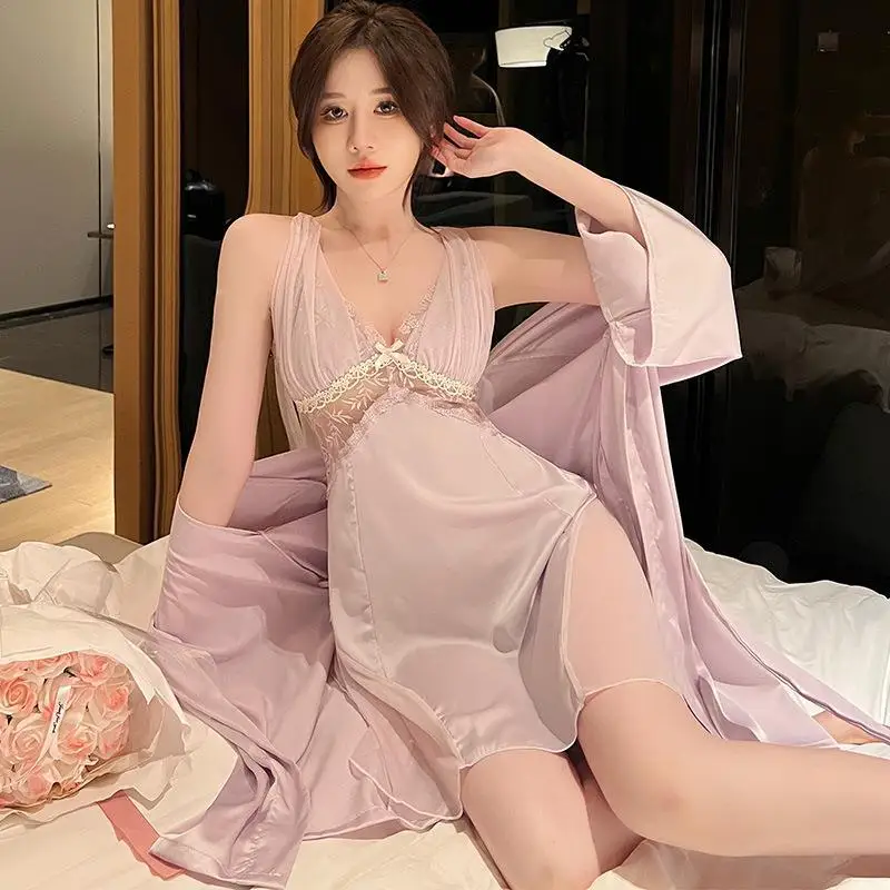 

Summer Bathrobe Gown Suit Women Sleepwear Lingerie Two Piece Lace Robe Nightgown Set Silky Satin Nightdress Kimono Loungewear