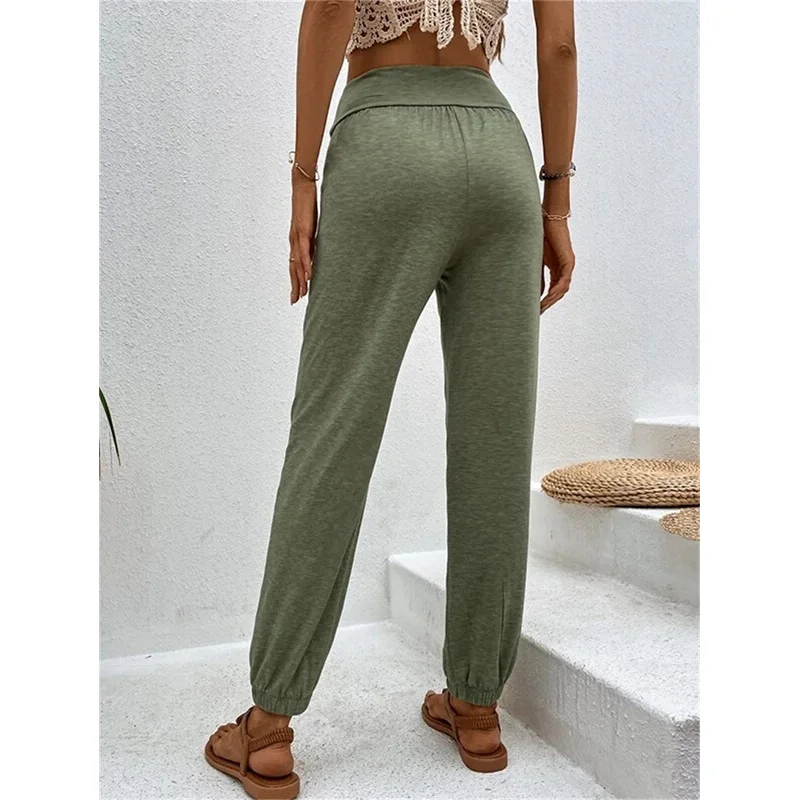 Casual Solid High Waist Trousers for Women 2023 Spring Summer New Loose-fitting Colored Cotton Slash Pocket Folds Pencil Pants