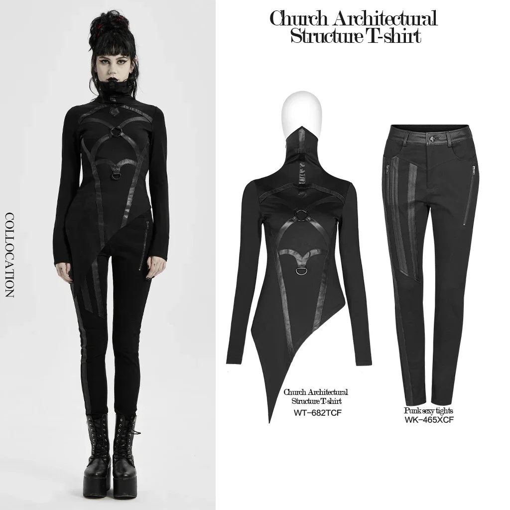 PUNK RAVE Women's Punk High Neck Church Architectural Structure T-shirt Tight Elastic Stage Performance Long Sleeve Black Tops