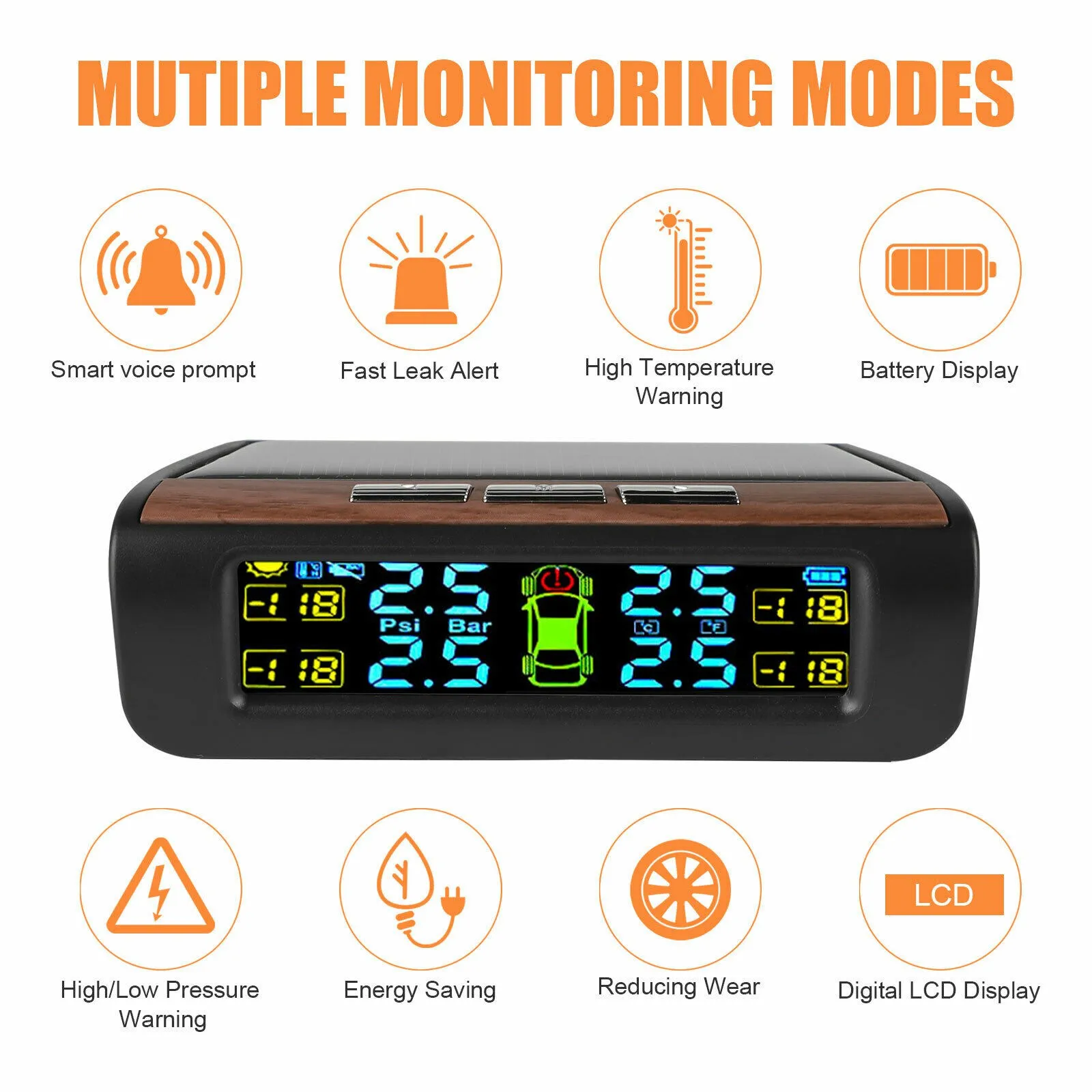 

Wireless Solar TPMS LCD Car Tire Pressure Monitoring System with 4x Internal Sensors Automatic Alarm System