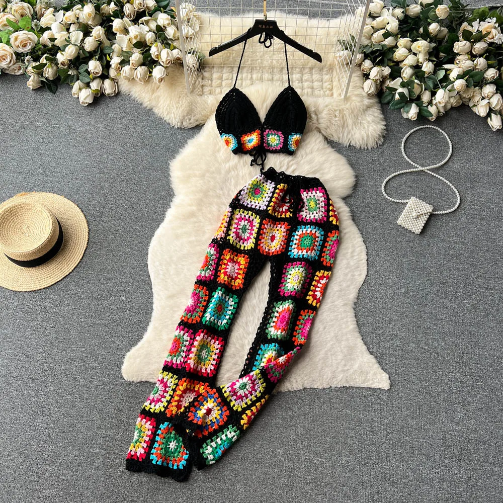 Bohemian Crochet Knitted Women Beach Cover Ups Halter Neck Bikini Top Hollow Out Plaid Pants 2 Piece Set Summer Holiday Outfits