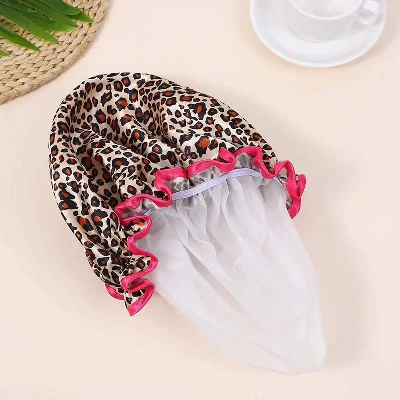 1PC Waterproof Shower Cap Leopard Print  Double Layer Elastic Hair Cover Reusable Bathroom Essentials - Shower Hair Protector