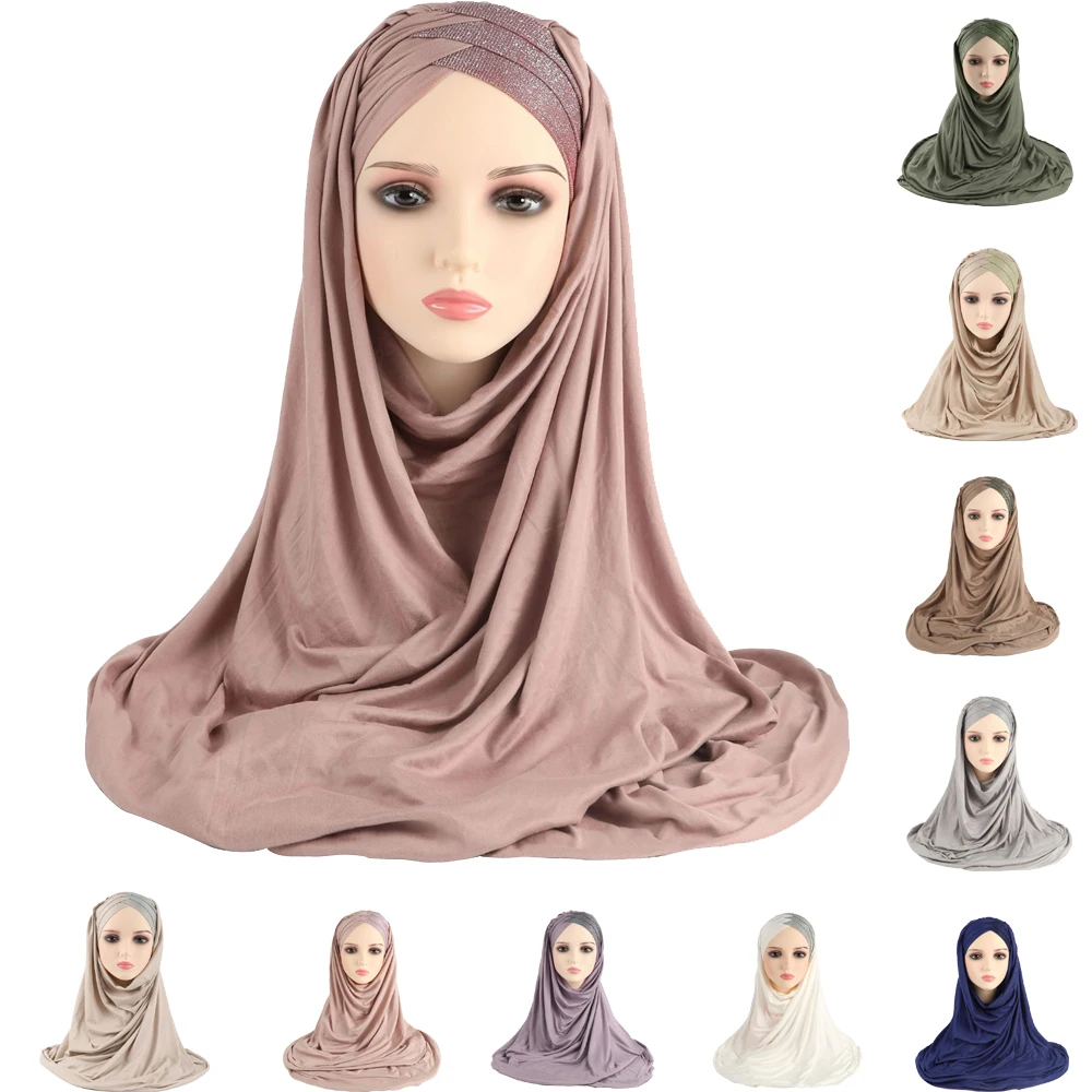 

One Piece Amira Muslim Women Glitter Long Scarf Pull On Ready Wear Instant Headwear Wrap Hijab Turbante Arab Femme Chemo Shawls