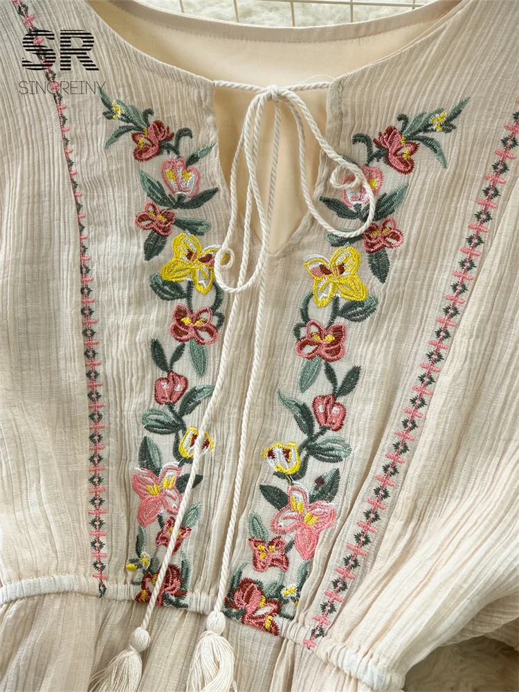 SINGREINY Embroidery Casual Vacation Loose Dress Women V