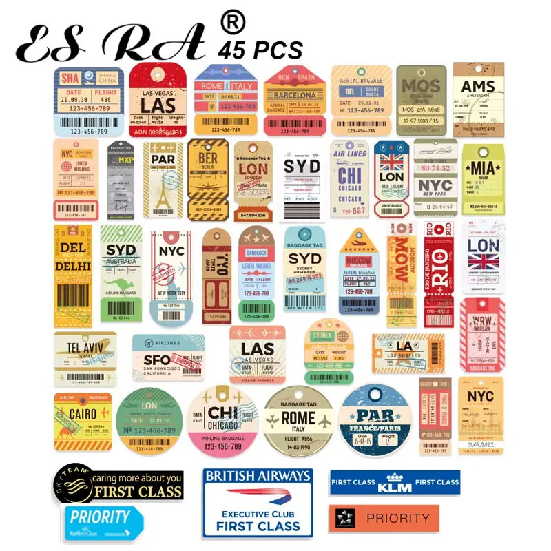 45 Pcs New Travel Boarding Pass Stickers Decals Frist Class Boardingfor Laptop luggage Travel Case Decor Waterproof Pegatinas