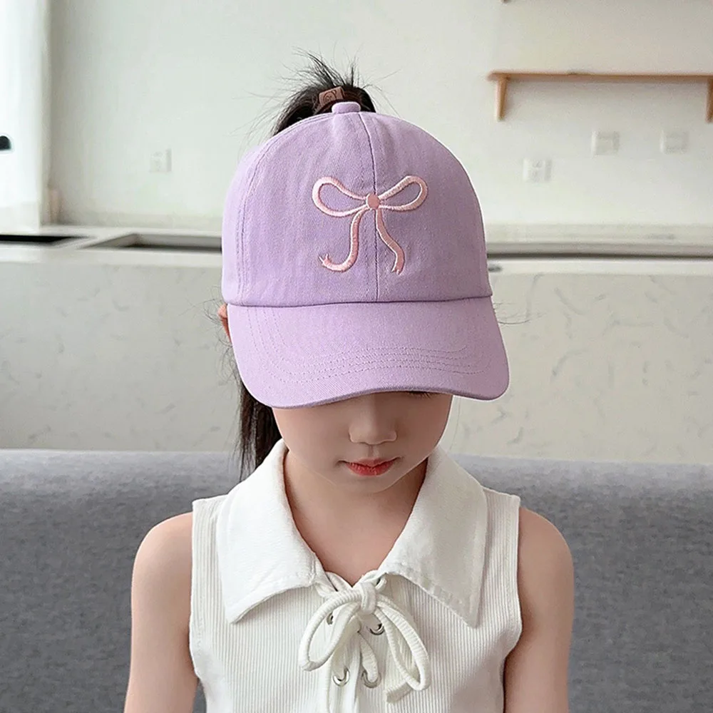 Fashion High Ponytail Kids Sun Hats Pink Bow Embroidery Baseball Caps Adjustable Solid Travel Caps Baby Children Peaked Hat baseball cap baby sun hat outdoor sun hat