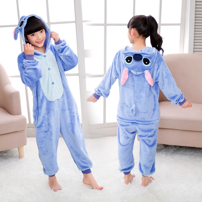 Disney Lilo Stitch One-Piece Pajamas Children Cartoon Plush Kigurumi Onesies Winter Warm Clothes Boys Girls Christmas Gift kids pajamas