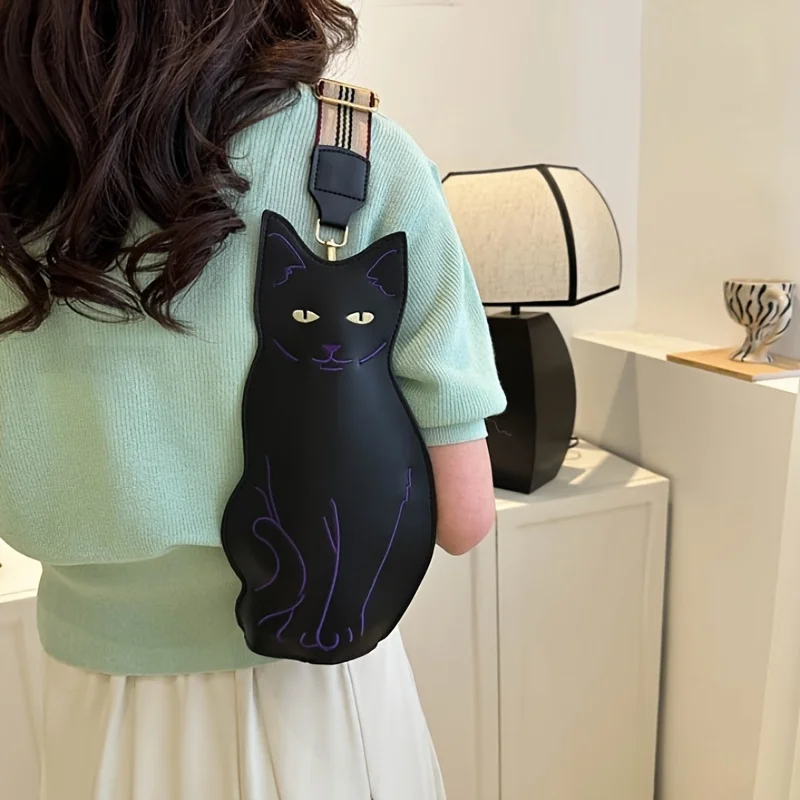 Stylish Black Cat Crossbody Bag, Ladies Chest Bag, Large Capacity PU Leather Purse Retro Animal Design Cute Cartoon Shoulder Bag