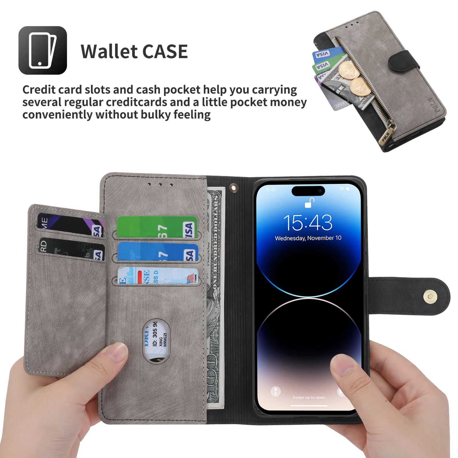 RFID Leather Zipper Wallet Phone Case with Card Slots and Stand Feature