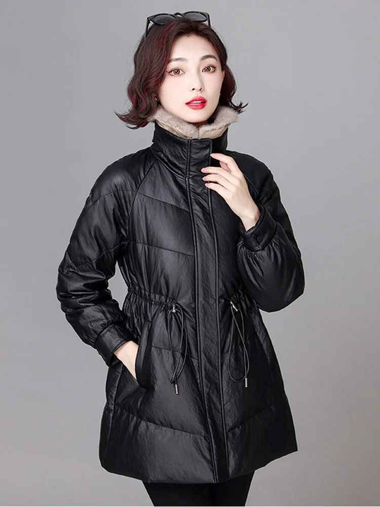 New Women Sheep Leather Down Coat Winter Casual Fashion Thicken Mink Fur Collar Drawstring Loose Medium Leather Down Jacket