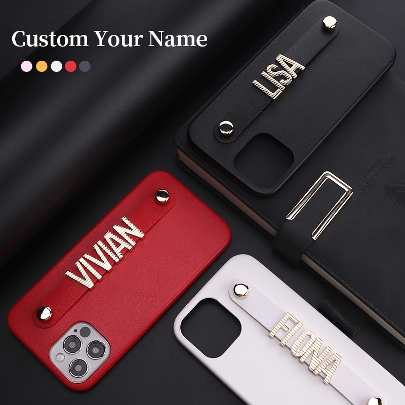 

Personalization Custom Name Leather Phone Case For iPhone 13 Pro Max 12 Mini 11 XR XS SE 7 8 Striped Letters Smooth Cover Coque