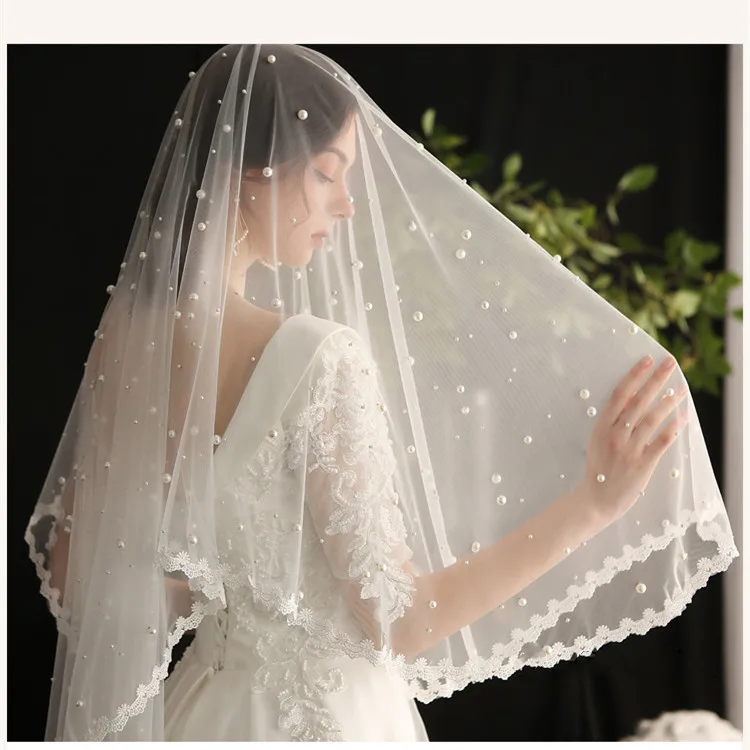 With Comb White Long Bridal Veil two Layer  With Pearls Velos de Noiva Wedding Beads Veil new romantic wedding bridal veil white ivory embroidery handmade applique 1 layers with comb velos de novia