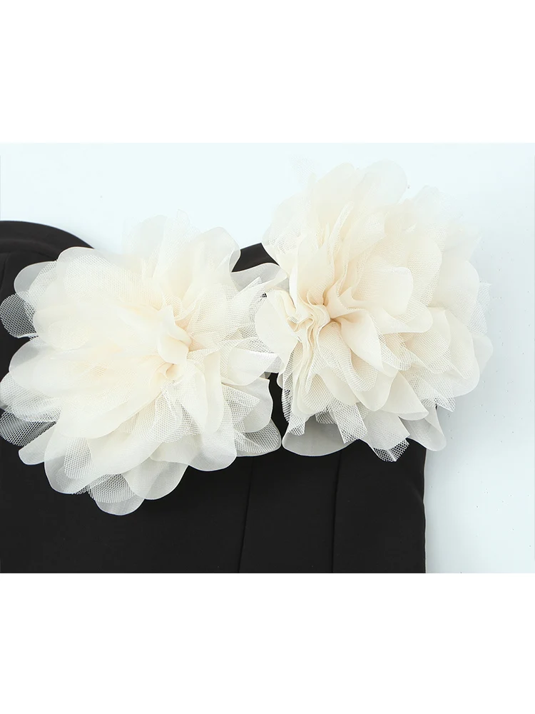 Women Summer Elegant Mini Dress 3D Flower Decor Strapless Backless Slimming Short Dress Ladies Fashion Contrast Color Streetwear