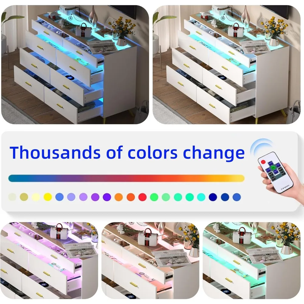 Dresser with LED Lights for Bedroom,8 Drawer Dressers with Tempered Glass Top,Chests of Drawers with 2 Grid Drawer,Living Room 6