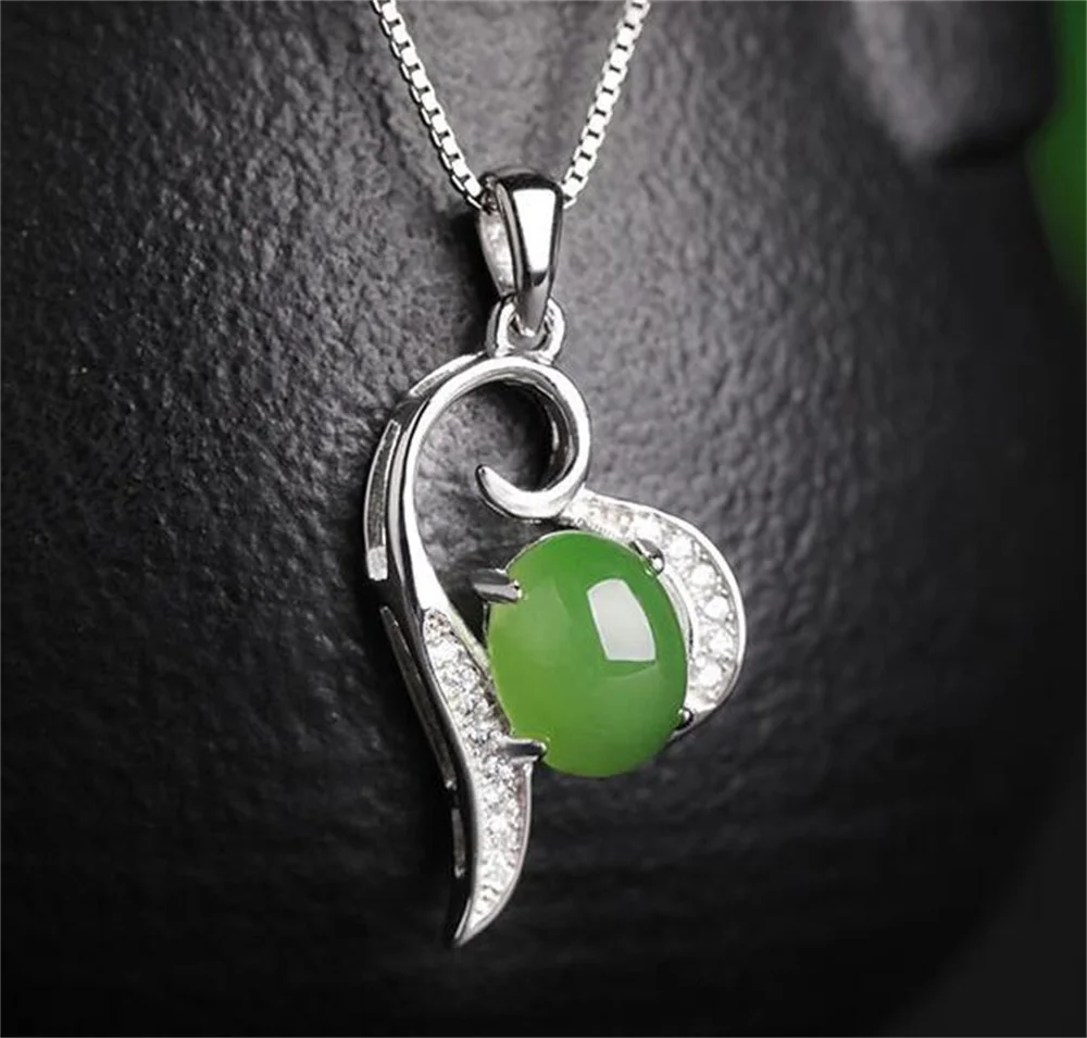 

925 Silver Jasper Green HeTian Jade Hollow Heart Design Lucky Pendant Chain Necklace with Certificate Vintage Gift Jewelry