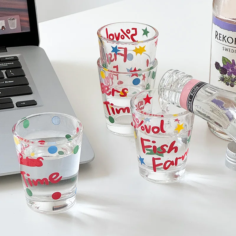 Letter Printed Glass Cup Wine Glasses,Cute Japanese Soju Glass,Thick Mini Whiskey Cocktail Glass Bar Wine Goblet Kawaii Cup Gift
