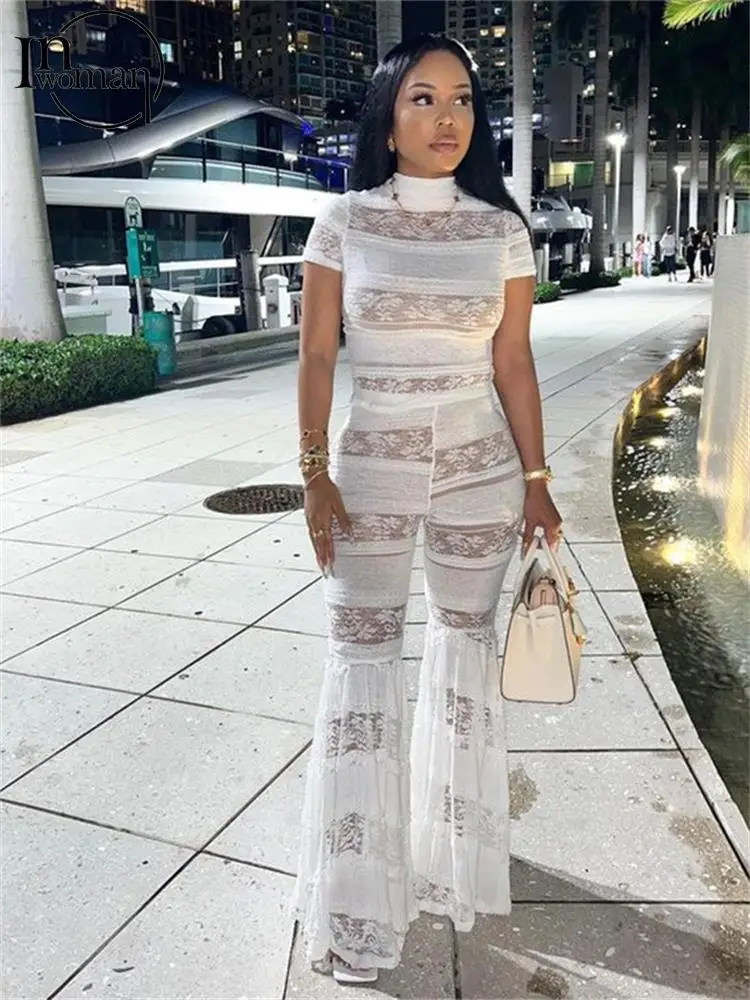 

Осенний Черный Кружевной комплект из двух предметов Inwoman с длинным рукавом и брюки для ночного клуба для женщин 2023 белый сетчатый прозрачный укороченный топ и брюки