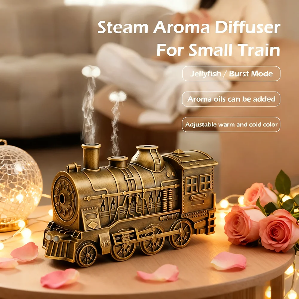 1PC Creative Train-Shaped Aroma Diffuser with Ambient Lights & 2-level Timer, USB-Powered Air Humidifier for Office Home 1