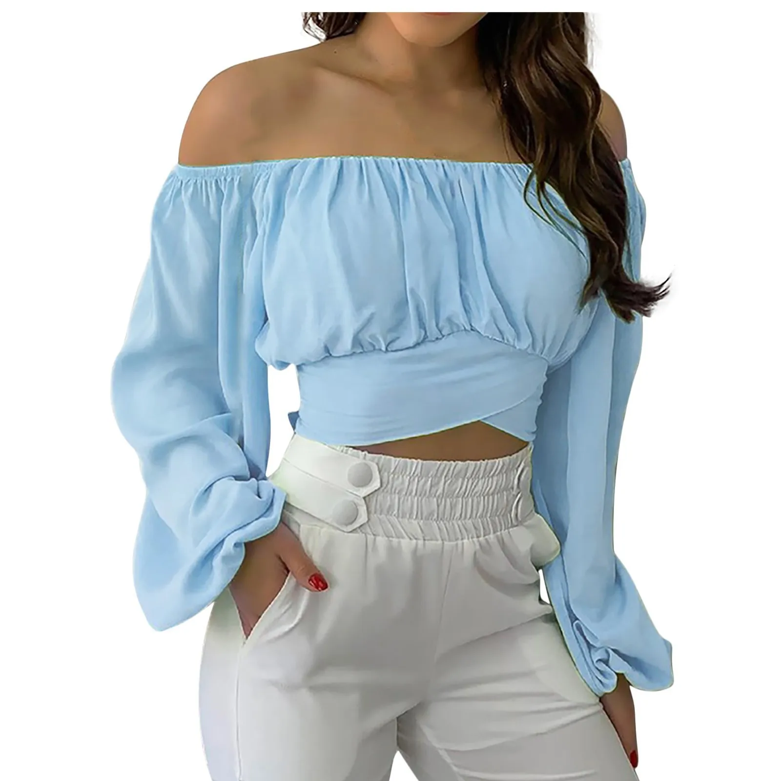 Blusa Mujer Hombros Descubiertos - Manga Larga Fruncida Y Corte Entallado - Estilo Y2K Para Salir