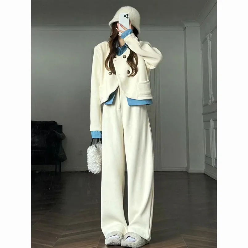 Fake Two Piece Set for Women's Spring New Pit Stripe Design Sense Spliced Top Wide Leg Pants Temperament Fashion Two Piece Set
