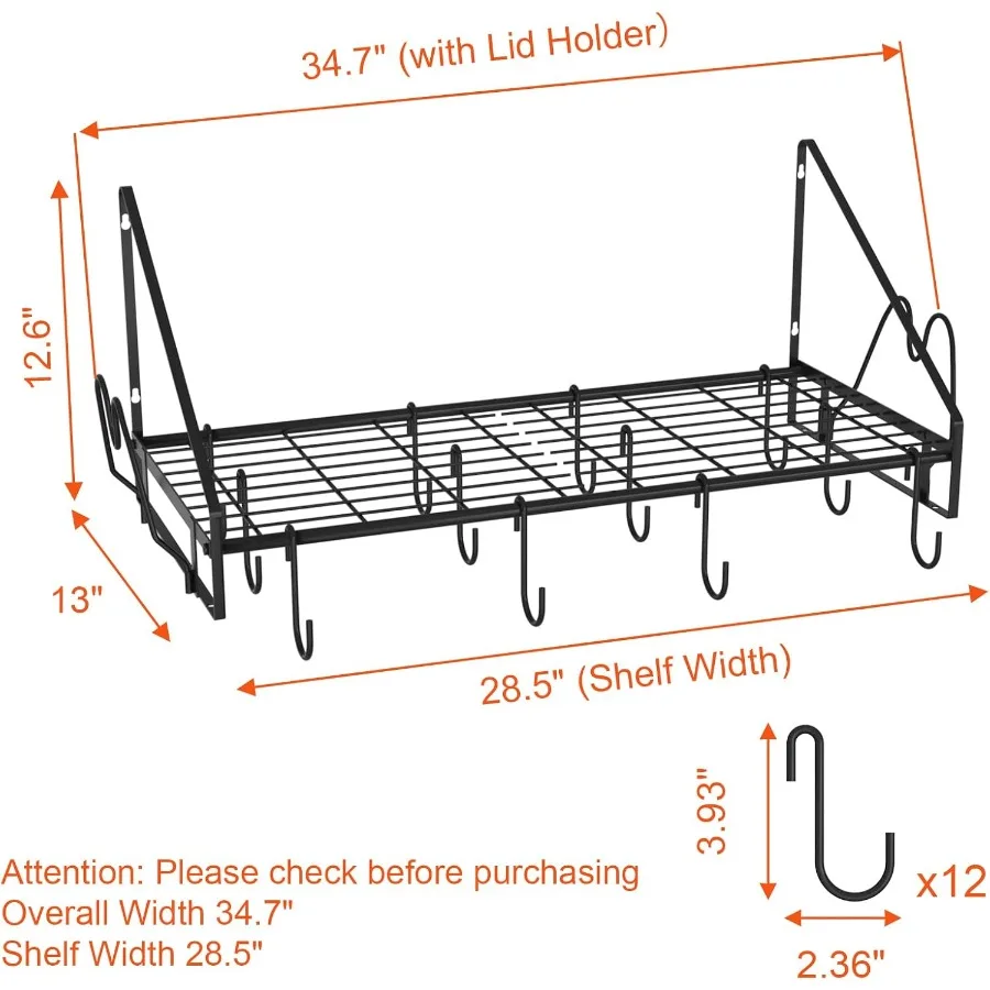 28 Inch Pot Rack Wall Mounted Pots and Pans Organizer with 12 Hooks and 2 Pot Lid Holders Heavy Duty Steel Pot and Pan Hanger f