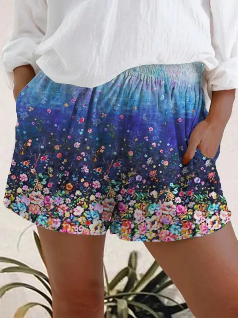  Summer Western Popular New Fashion Women's Casual Floral Print Shorts Simple Comfortable Elastic Band Beach Style Short