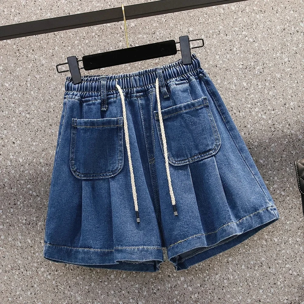 Loose High Waist Casual Elastic Denim Shorts Preppy Style Lace-Up Large Size Wide Leg Jeans Short Pants Pantalones Cortos Summer