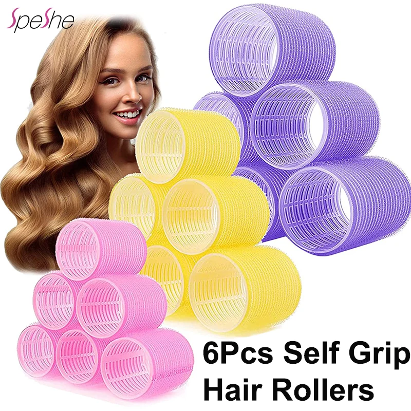 6pcs Jumbo Hair Rollers Self Grip No Heat Hair Curlers Heatless Hair Volume Curlers Self-adhesive Hook & Loop DIY Styling Tools