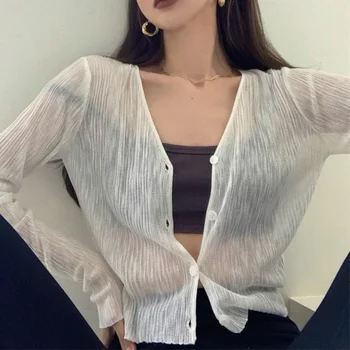 Women's Sunscreen Cardigan V-Neck Thin Casual Long-Sleeved Solid Blouse Tops for Woman Summer Black White Y2K Casual Shirt 1