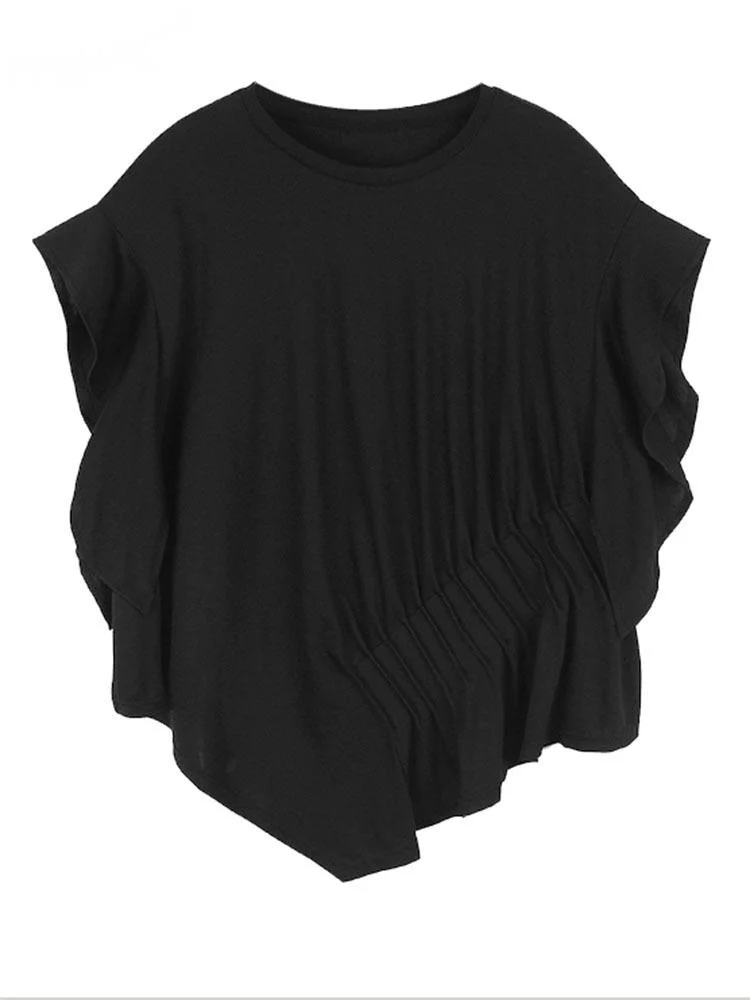 

Women Black Ruffles Irregular Pleated Big Size T-shirt New Round Neck Short Sleeve Fashion Tide Spring Summer O229
